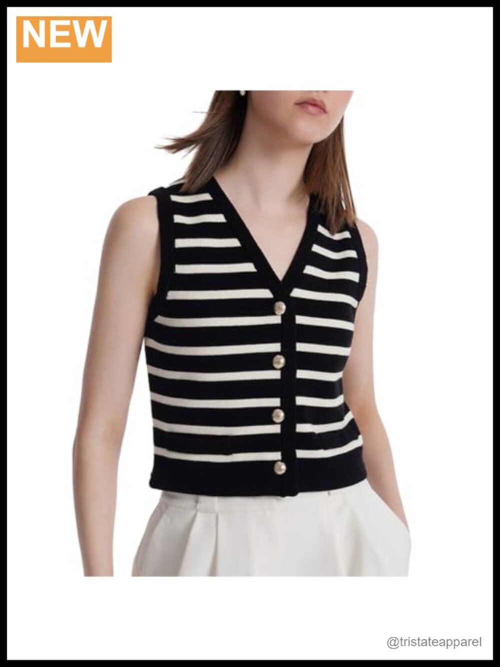 Cropped Knit Sweater Vest Sleeveless V-Neck Gold Buttons 3-Season Layering